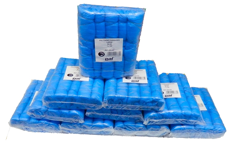 1000, 10 packs of 100 pairs, 1000 covers (500 Pairs) - PAL R21233AX Overshoe, Large 350mm / 14" Embossed Polythene Blue.
