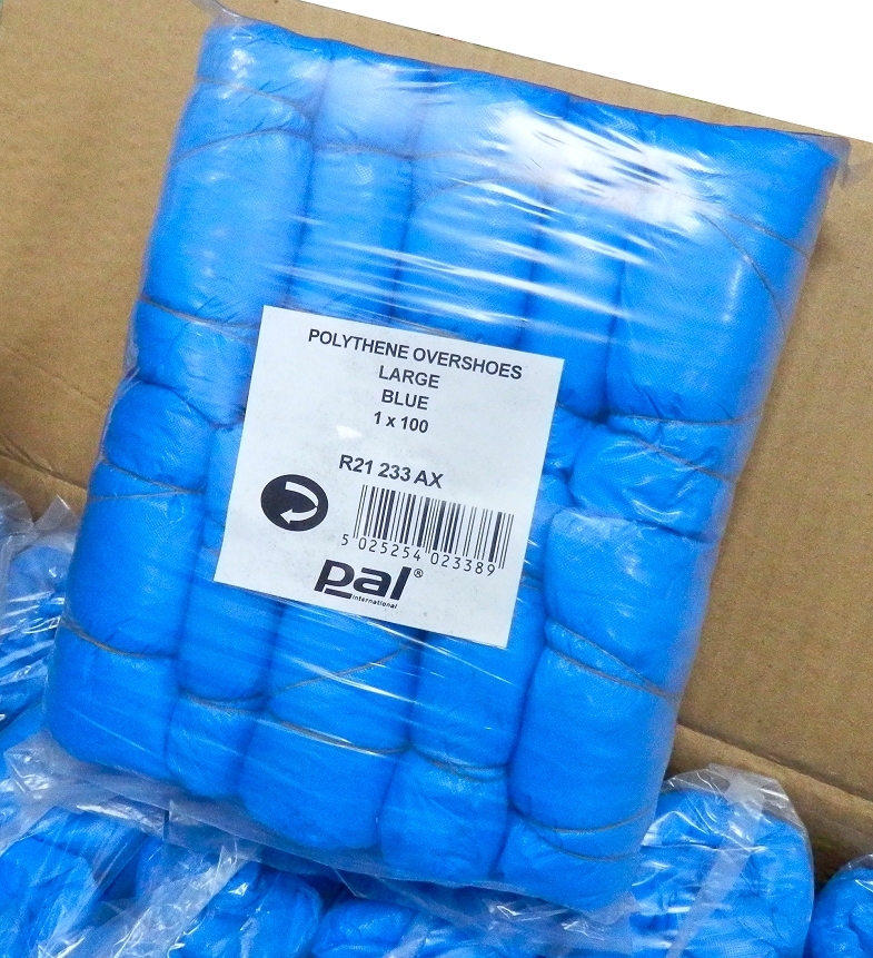  100 covers (50 Pairs), 10 bundles of 10, EAN 5025254023389 - PAL R21233AX Overshoe, Large 350mm / 14" Embossed Polythene Blue.