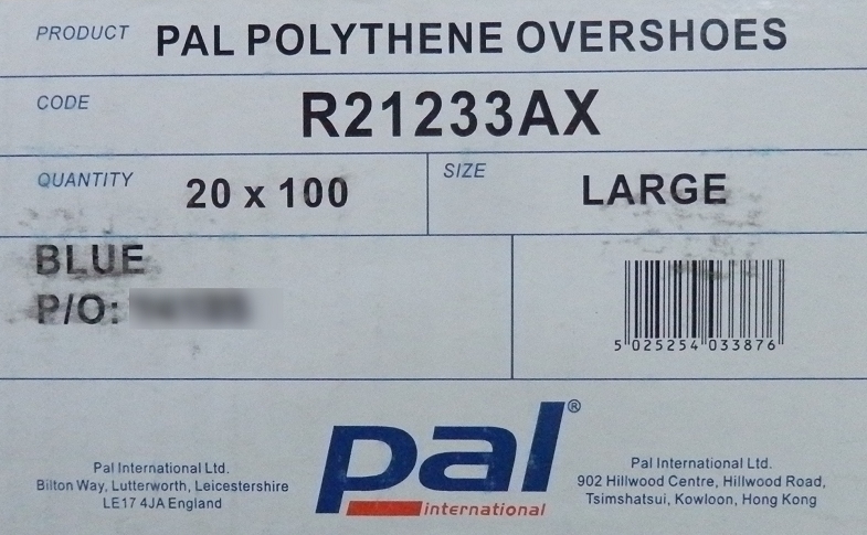 2000, Full case Label - PAL R21233AX Overshoe, Large 350mm / 14" Embossed Polythene Blue.