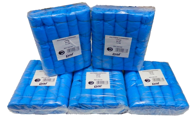 500, 5 packs of 100 pairs, 500 covers (250 Pairs) - PAL R21233AX Overshoe, Large 350mm / 14" Embossed Polythene Blue.