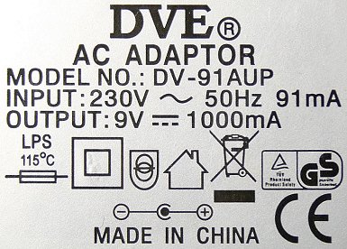 Label - European 2-Pin DVE Model DV-91AUP Power Adapter, Output 9 Volts @ 1Amp (1000 mA)